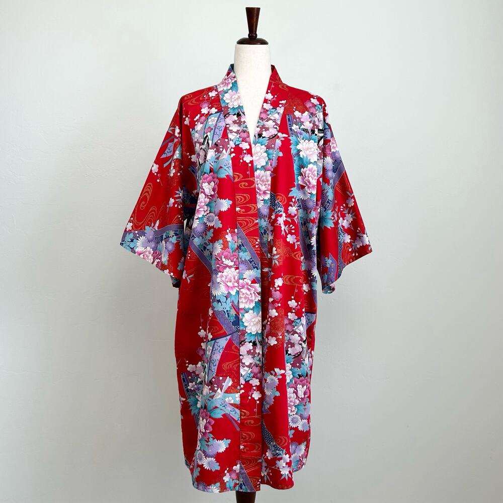 Smithsonian Institution Red Floral 100% Cotton Kimono Yukata Japanese Robe LARGE